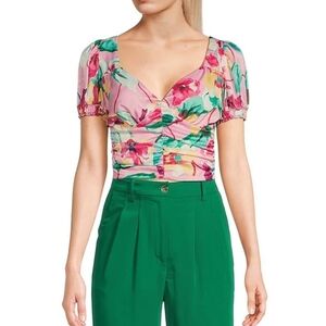 Evolutionay Cinched Waist Vibrant Floral Puff Sleeve Blouse